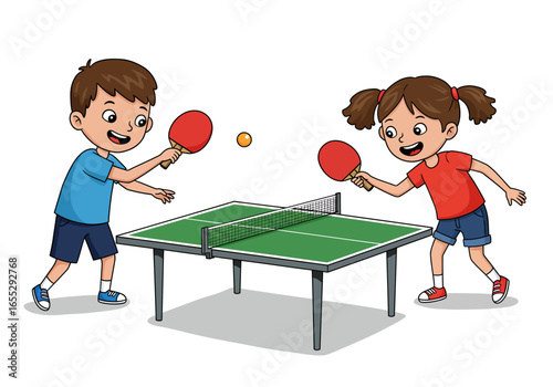 Cartoon Children Playing Table Tennis with Paddles and Ball.