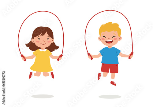 Cartoon Children Jumping Rope Boy and Girl Exercising.