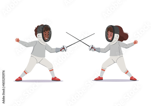Two Fencers in Protective Gear Engaging in a Duel.