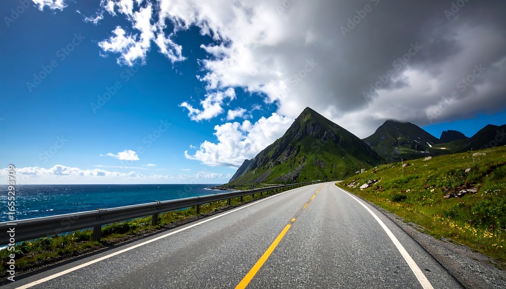 Naklejka premium Winding road leading to the sea, under a partly cloudy sky