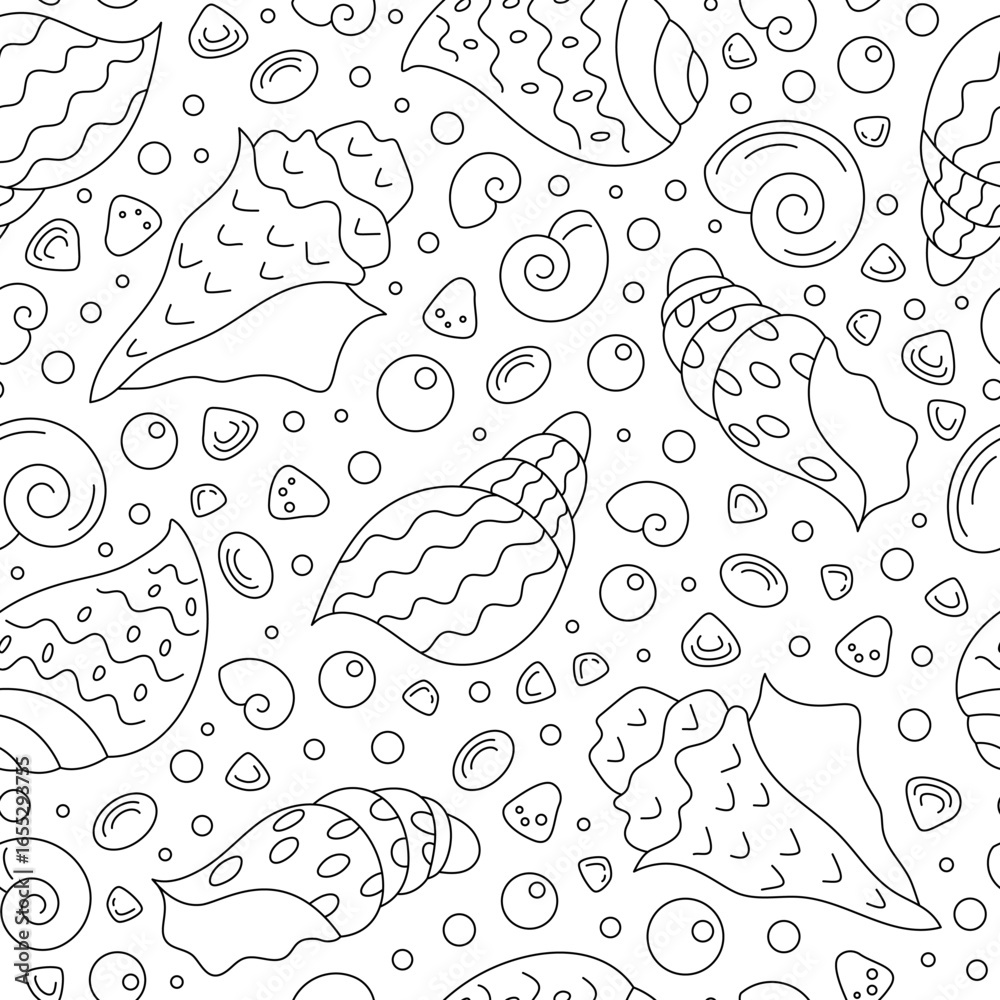 Fototapeta premium Seamless underwater pattern with seashells and conch in outline silhouette. Marine aquatic design with ocean elements and doodle texture. Perfect for sea decorations, backgrounds, summer projects,