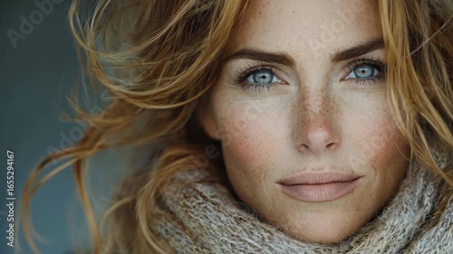 Woman With Striking Blue Eyes and Tousled Hair Wearing a Cozy Scarf in a Soft Neutral Setting During Daylight. Generative AI