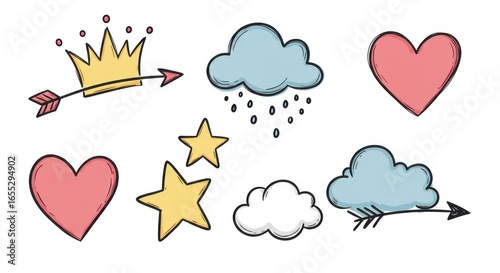 Line brush heart vector set. Hand drawn sketch doodle style arrow, cloud, star with marker stroke pencil highlight. Cute handwritten crown, heart, star line brush art design. Vector illustration

