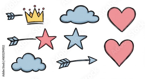 Line brush heart vector set. Hand drawn sketch doodle style arrow, cloud, star with marker stroke pencil highlight. Cute handwritten crown, heart, star line brush art design. Vector illustration
