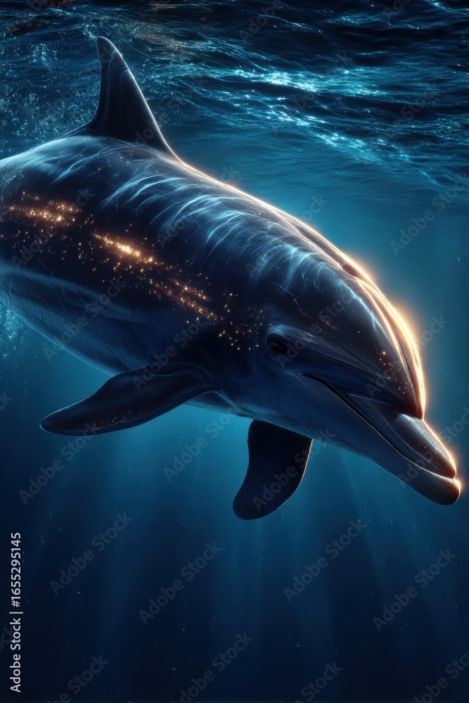 Naklejka premium A radiant dolphin glows underwater, showcasing bioluminescent details. Perfect for themes of nature, mystique, and marine life conservation.