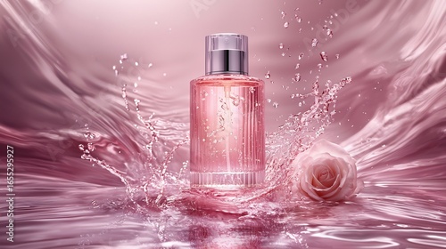 Fragrance Mist In a Luxury Feminine Setup With Soft Pastel Splash and Rose Water Texture Glowing Around a Cosmetic Item In Clean Smooth Studio Lighting for Photo Commercial Advertising