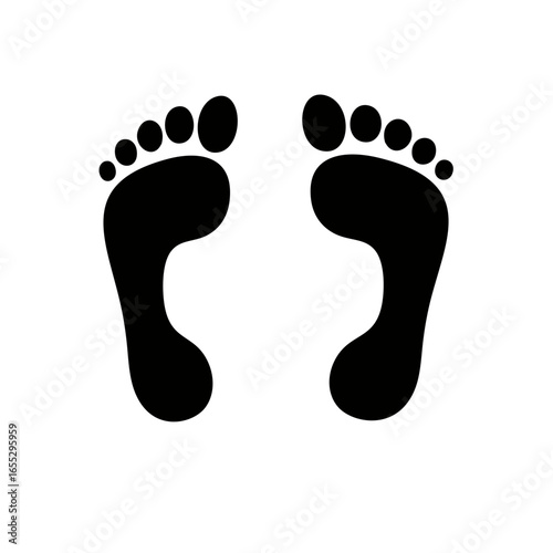 Two black footprints, representing human feet, are displayed against a stark white background, showing toes and the arch of the foot.