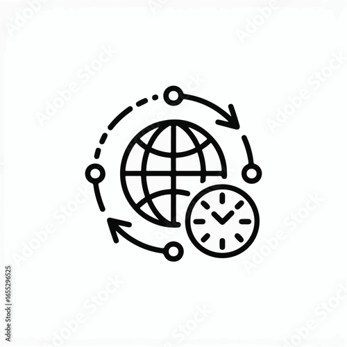 Global business clock icon representing worldwide time zones and international communication for success