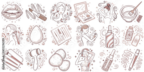 Makeup and beauty tools illustrated icon set on white background  