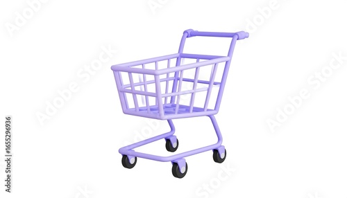 A simple, vibrant purple shopping cart is isolated on a pure white background.