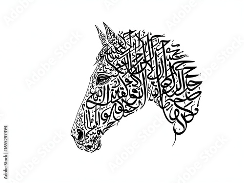 A stylized black-and-white illustration of a horse's head, filled with intricate Arabic calligraphy patterns, blending equine beauty with traditional Middle Eastern art.