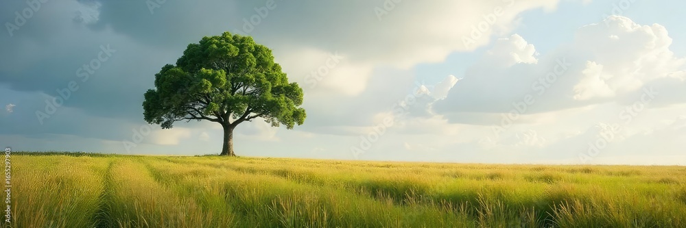 Obraz premium A solitary tree stands in a vast, open field, its branches reaching towards a cloudy sky, a sense of isolation yet connection to the surrounding landscape , vast, soil