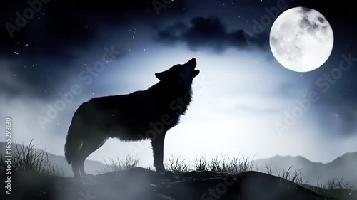 Wolf howling at full moon silhouette