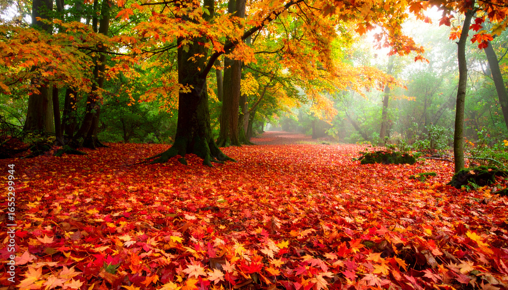 Obraz premium Autumn Forest Path with Red and Orange Leaves