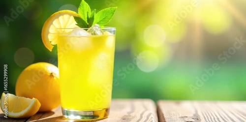 Close-up of a refreshing glass of homemade lemonade, ice cubes clinking, bright yellow color, sunlit background, perfect summer drink , cooling, citrus fruit