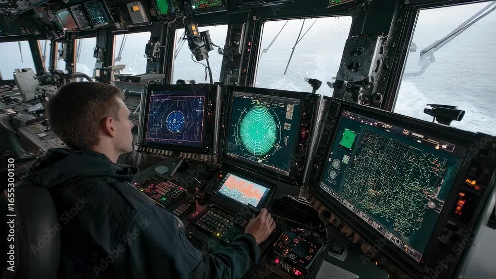 On the bridge of a modern naval ship an officer sits at a hightech ...