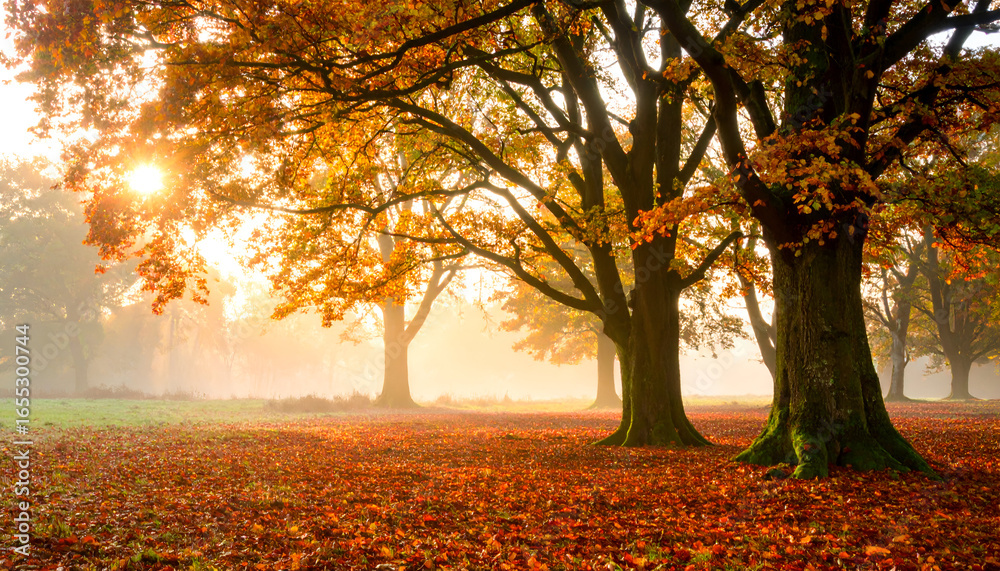Fototapeta premium Autumn Sunrise in a Misty Park