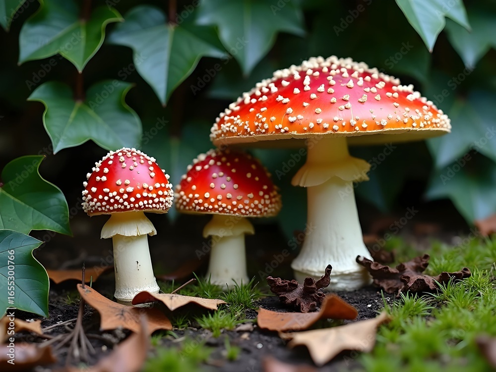 Fototapeta premium Vibrant Red and White Fly Agaric Mushrooms in a Natural Environment Setting with Green Foliage and Grass