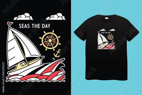 Nautical sailing club t-shirt vector print. Vessel stockless anchor with rope in shackle ring illustration and typography. Sailing club member, sailor or seafarer clothing print design mockup
