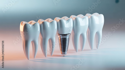 Premolar tooth recovery with single implant. 3D illustration of human teeth and dentures, dental issue, created with generative ai