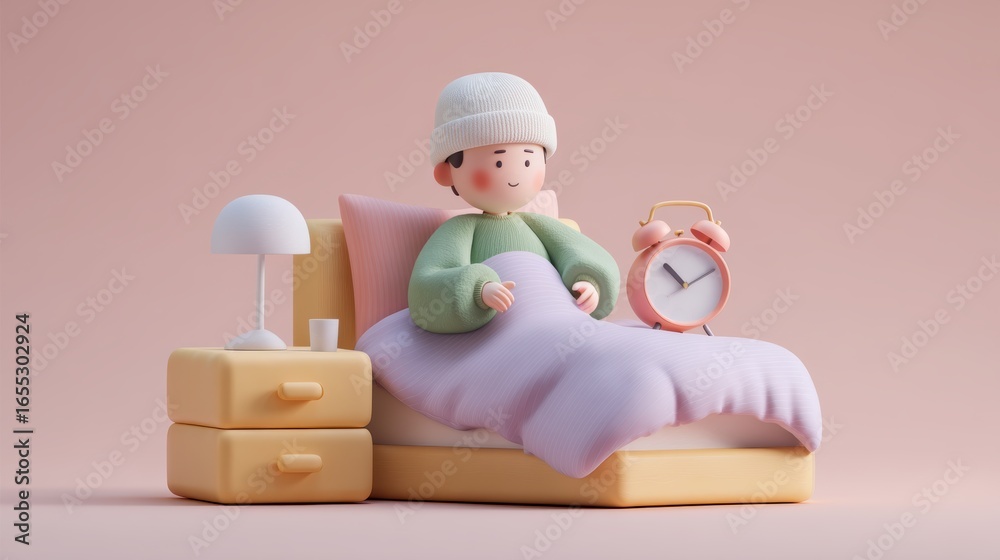 Fototapeta premium Insomnia and sleep disorder concept, A cozy cartoon character relaxing in bed with a clock and lamp.