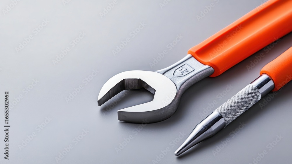 Silver Wrench and Craft Tool on Smooth Gray Background for Repair Work Silver Wrench and Craft Tool on Smooth Gray Background for Repair Work
