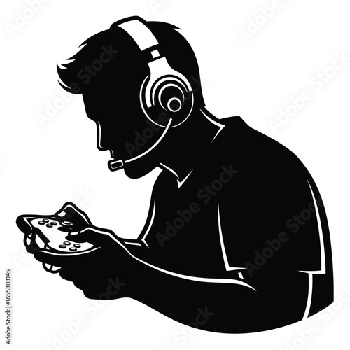 Gamer silhouette playing video games with a headset and controller in black and white design