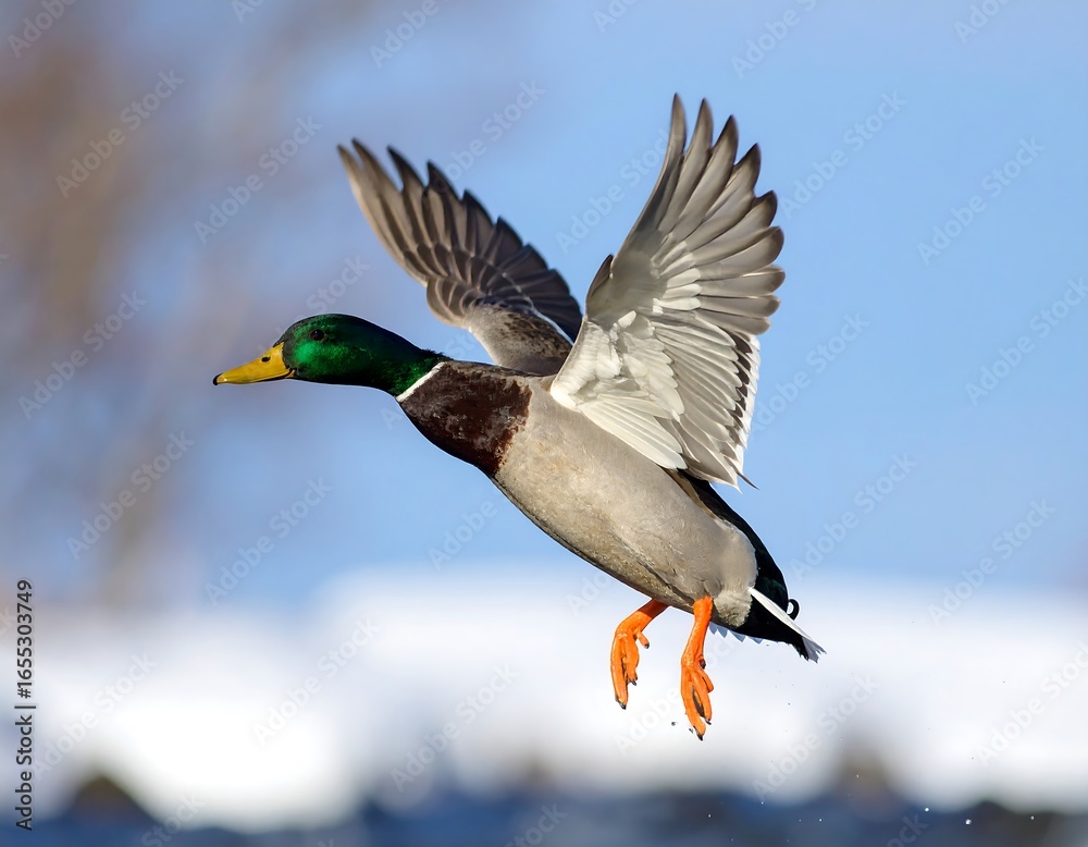 Obraz premium Mallard duck in flight over water