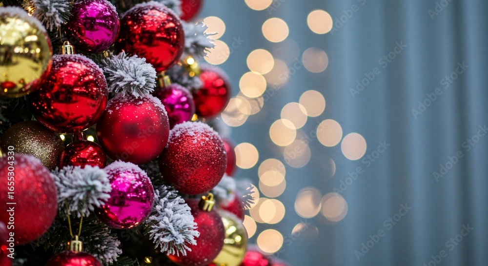 Fototapeta premium A close-up of Christmas tree ornaments in vibrant hues, dusted with snow, creating a festive and warm holiday atmosphere with bokeh lights.