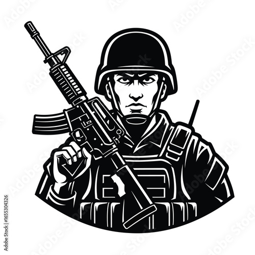 Black and white illustration of a soldier holding an assault rifle.