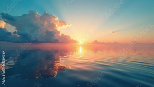 Calm Sea, Peaceful Sky Serenity After the Storm;  A symbolic image representing the end of conflict and the beginning of a new era of peace and stability.
