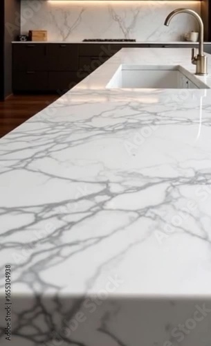 High-end kitchen marble counter with glossy reflections.