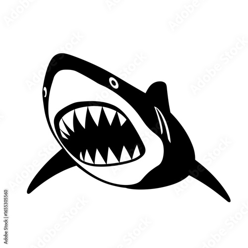 Black and white shark head with open mouth and sharp teeth