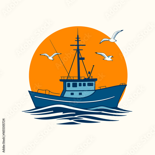 Fishing trawler at sea with flying seagulls fishing boat