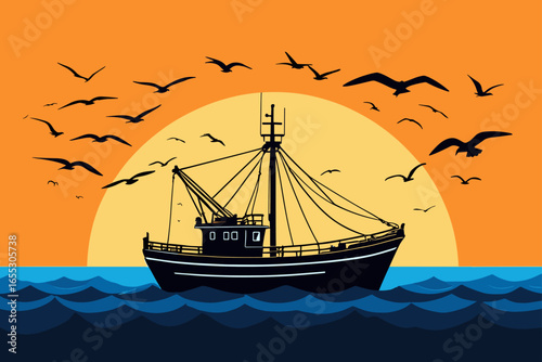 Fishing trawler at sunset with seagulls flying fishing boat