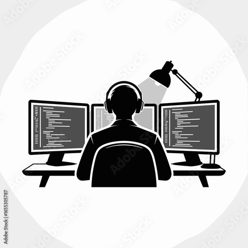 Programmer at desk with illuminated desk lamp and multiple monitors