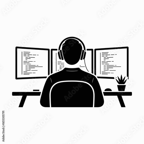 Programmer with multiple monitors and headphones icon