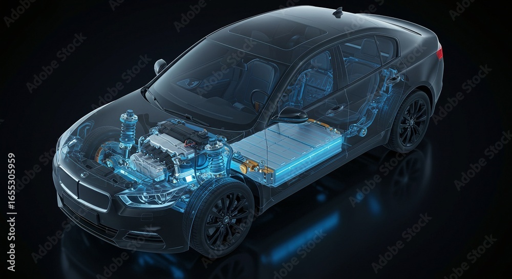 © Cintia - Electric Vehicle Anatomy: A cutaway view showing the powertrain, battery pack, and suspension system of a modern electric sedan.