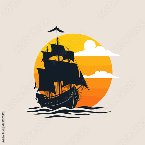 Tall ship sailing on a calm sea with sunset silhouette