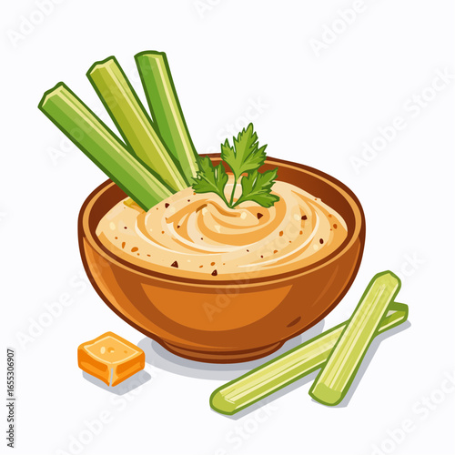 Hummus in Bowl with Celery Sticks Illustration