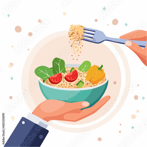 Healthy Quinoa Salad In Bowl With Fork And Hands