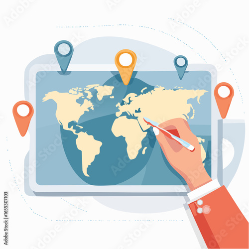 Hand Pointing On World Map On Tablet