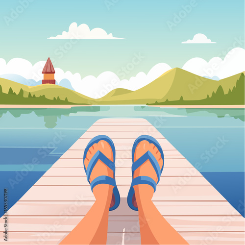 Relaxing Lakeside Viewpoint With Sandals On Wooden Pier