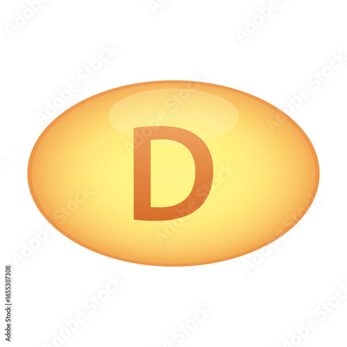 Vitamine D supplement capsule golden icon, gelatin shell. Shiny golden essence capsule. Medicine pill with letter vitamin D symbol. Beauty treatment nutrition skin care design. Vector illustration