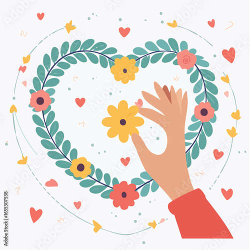 Hand Placing Flower In Floral Heart Wreath Design