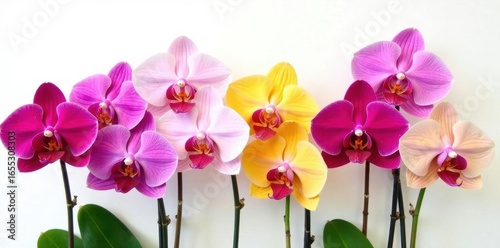 Stunning array of colorful phalaenopsis orchids against a pure white background, nature, orchid