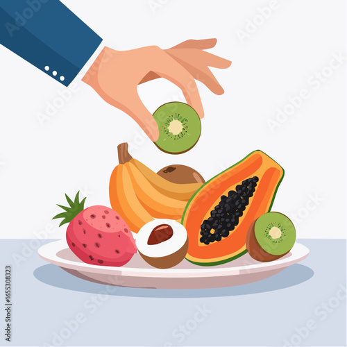 Hand Placing Kiwi On Plate Of Assorted Tropical Fruits