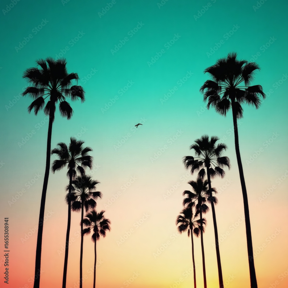 Obraz premium Palm Trees at Sunset, Stylized sunset view of tall palm trees silhouetted against a colorful gradient sky