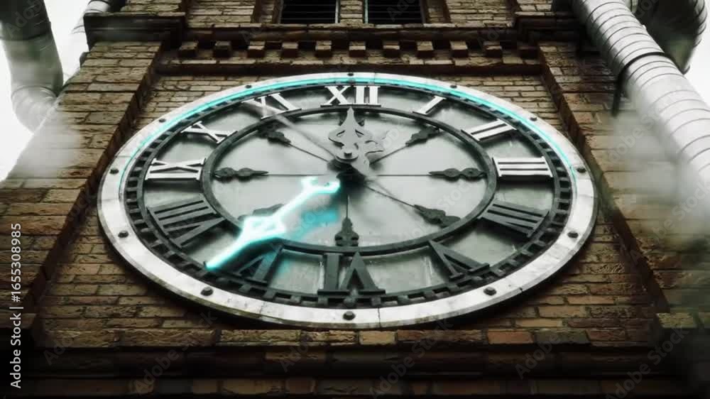 Steampunk clock tower with roman numerals and metal pipes in the city Steampunk clock tower with roman numerals and metal pipes in the city