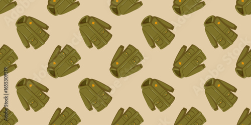 Seamless pattern with green autumn jackets on beige background. Autumn parka clothes. Cartoon vector background